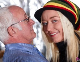 A hot young blonde slut sucking and fucking an old dude